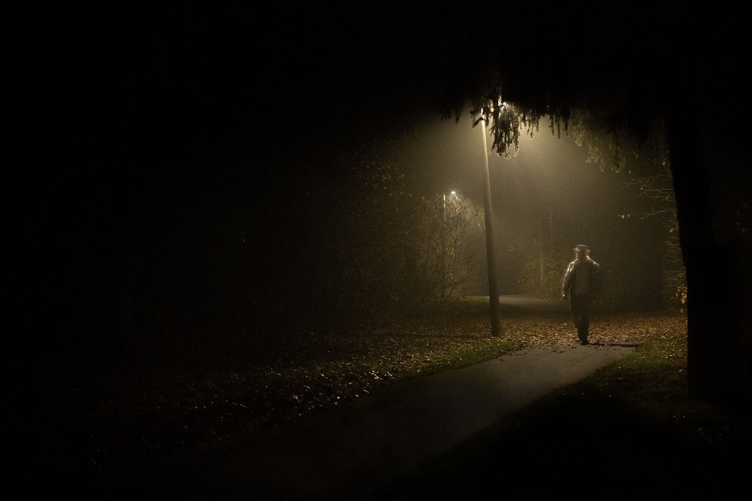Man wlaking through fog under trees